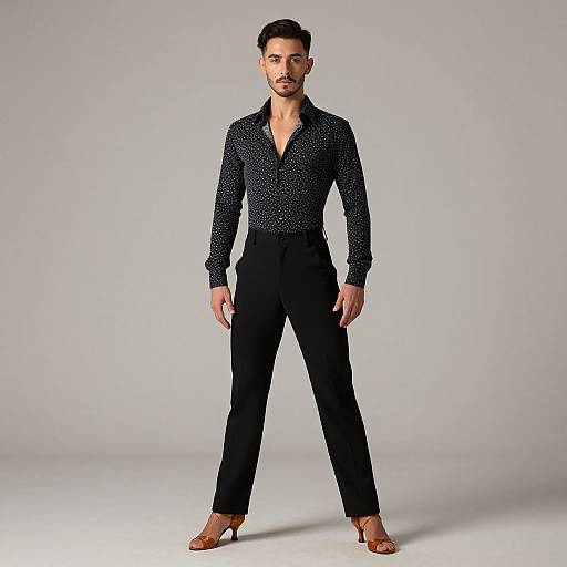 Photograph of a tall, handsome man with short dark hair, light skin, and a trimmed beard, wearing a black polka dot shirt, black