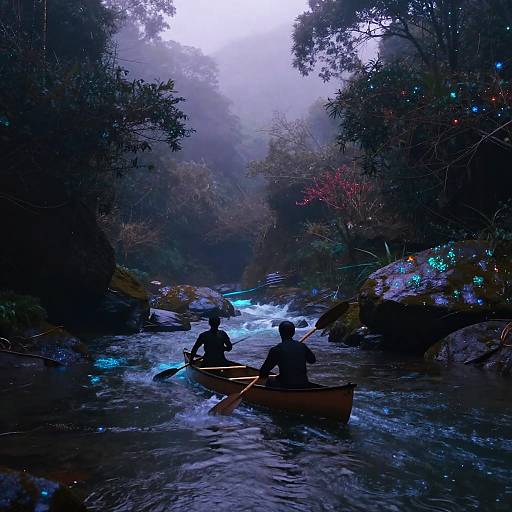 Canoeing on a Glowing River in Misty Valley