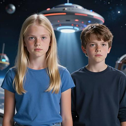 Two Children in Space-Themed Setting with UFO