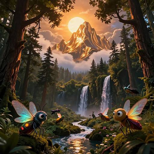 Fantastical forest scene with glowing insect-like creatures, towering mountains, and a radiant sunset. Vibrant colors, lush greenery, cascading water