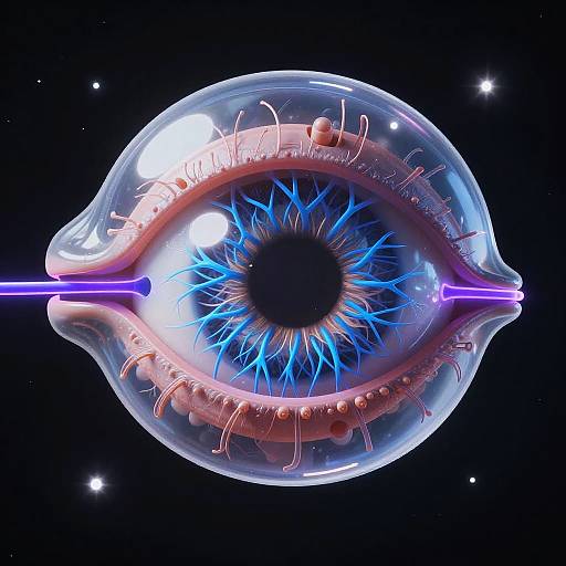 Digital CGI of a glowing blue-eyed human eye encased in a transparent, bubble-like membrane with neon purple lines, set against a starry black space