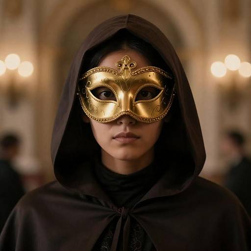 Hooded Figure with Gold Masquerade Mask