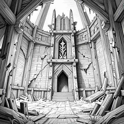 Black-and-white digital drawing of a ruined, Gothic-style cathedral with broken wooden beams, cracked stone walls, and debris scattered across the floor. Central ar