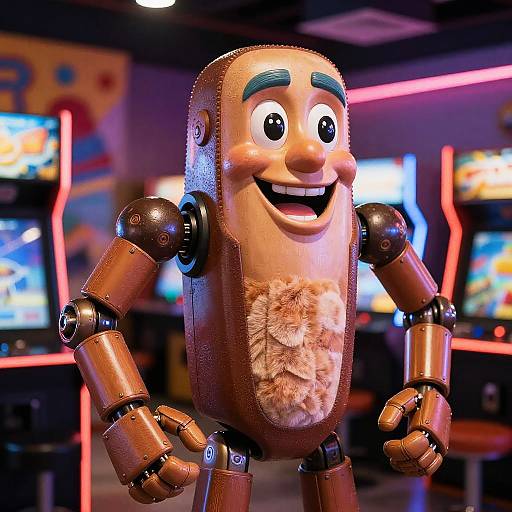 Photograph of a cartoonish, smiling, anthropomorphic hot dog with brown metallic arms and legs, furry chest, in a brightly lit arcade.