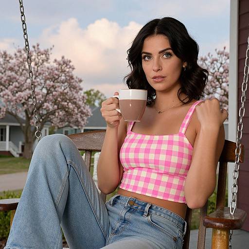 Confident Woman on Vintage Porch Swing