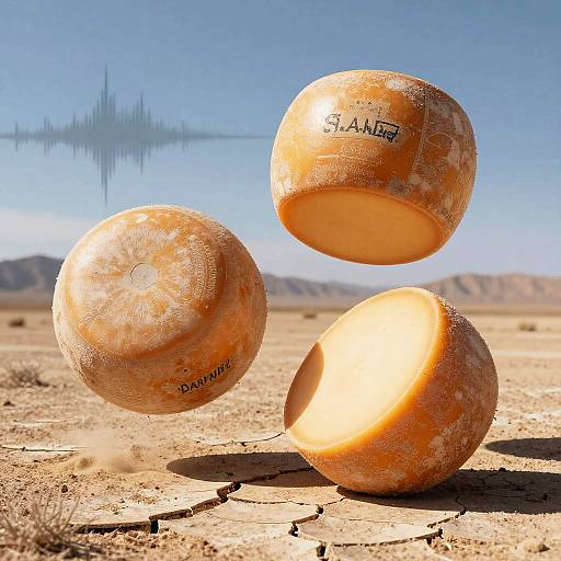 Surreal Floating Cheese Wheels in Desert