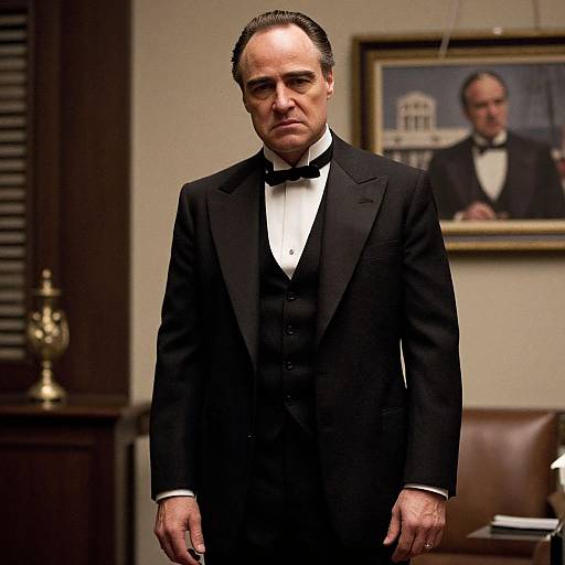 Photograph of a stern-looking middle-aged man in a black tuxedo, standing in a dimly lit office with a framed portrait behind him.
