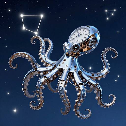 Digital illustration of a metallic, clockwork octopus with glowing white clock face, pearl-like suckers, and constellation in a starry night sky.