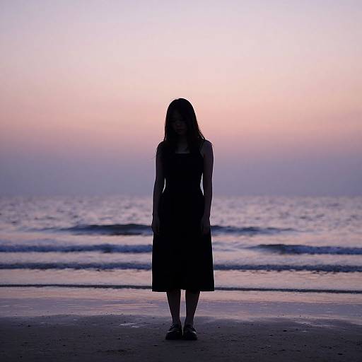 Silhouetted woman in a dress stands on a beach at sunset, with pastel pink and purple sky and gentle ocean waves.