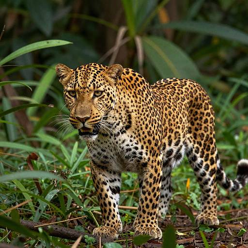 Photograph of a spotted jaguar standing in dense green foliage, its golden-yellow coat with black spots contrasting sharply against the lush background.