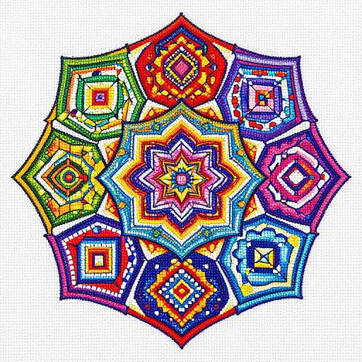 Vibrant digital mosaic of colorful, multi-layered, star and diamond patterns, with bright reds, oranges, yellows, blues, and