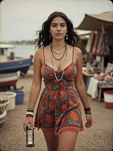 Photograph of a confident woman with dark, wavy hair, wearing a colorful, patterned, low-cut dress, multiple necklaces, and bracelets