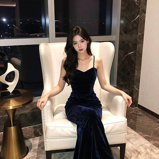Glamorous Woman in Velvet Gown on White Armchair