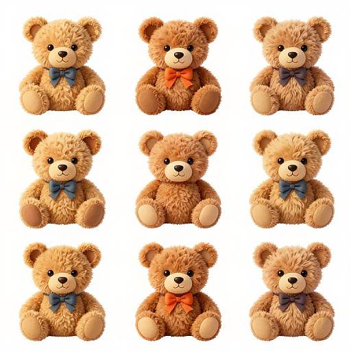 Photograph of nine identical, fluffy, light brown teddy bears with blue or orange bows, arranged in a 3x3 grid on a white