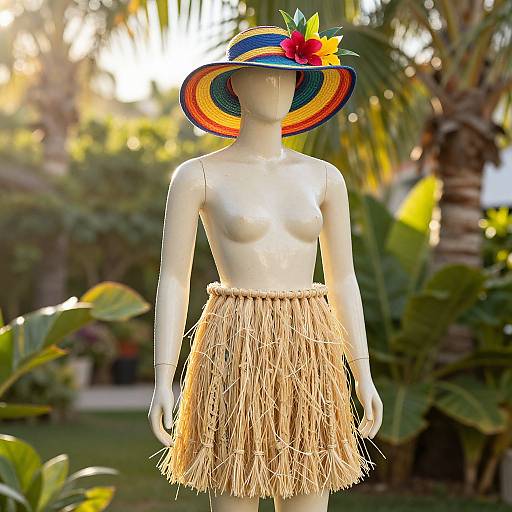 Mannequin with Tropical Grass Skirt and Colorful Hat