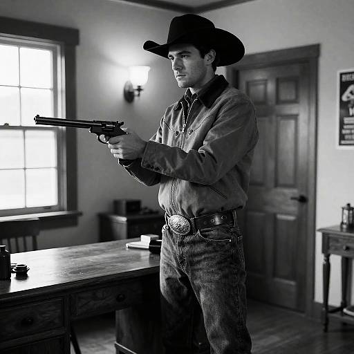 Focused Cowboy in a Rustic Room