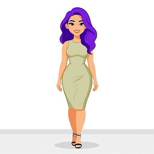 Digital illustration of a smiling woman with long purple hair, wearing a light green, sleeveless, form-fitting dress and black heels.