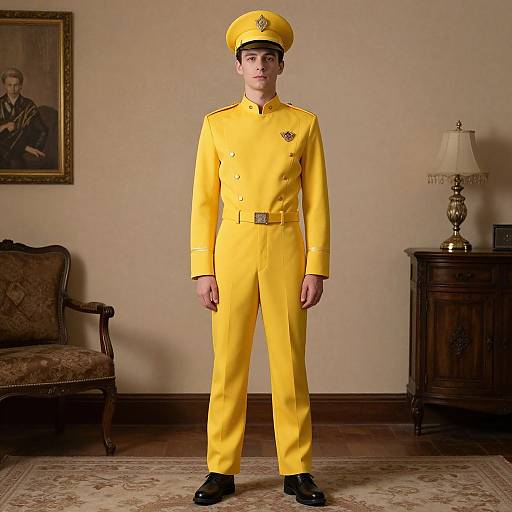 Photograph of a young man in a bright yellow naval uniform standing in a traditional, beige-walled room with antique furniture.
