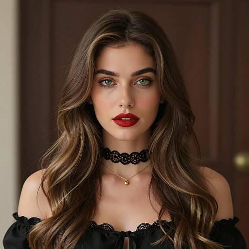 Elegant Woman with Long Wavy Hair and Red Lipstick