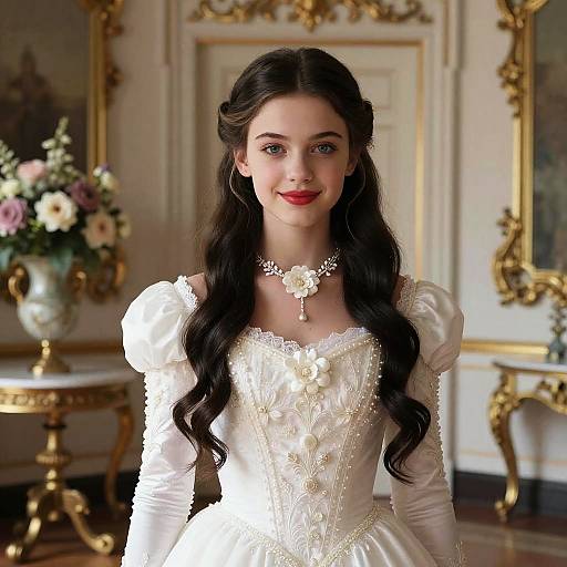 Photograph of a young woman with long, wavy black hair, wearing a white, intricately embroidered dress, and a floral necklace, standing in
