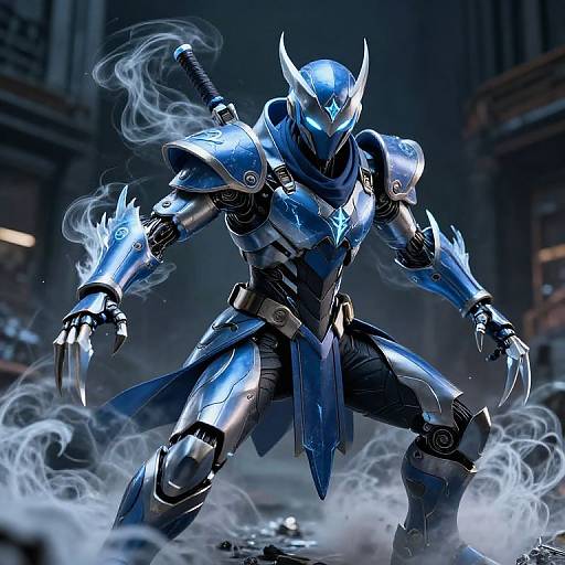 Digital artwork of a blue, horned, armored warrior with glowing blue accents, standing amidst swirling white smoke in a dark, futuristic city.