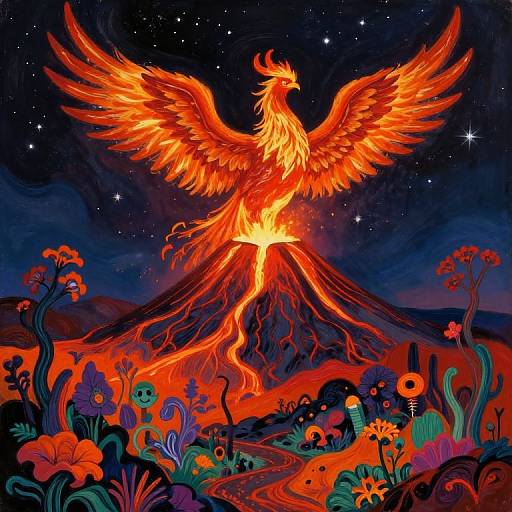 Digital illustration of a radiant, fiery phoenix with outstretched wings emerging from a glowing volcano, surrounded by vibrant, surreal flowers under a starry night