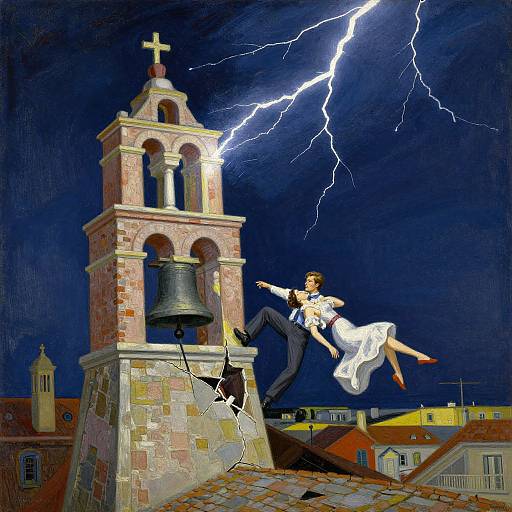 Digital painting of a dancing couple on a church bell tower during a lightning storm, with the woman in a white dress and the man in a black suit