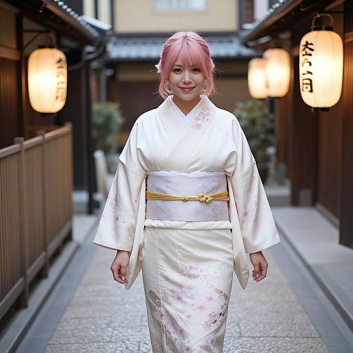 Photograph of a smiling Japanese woman with pink hair in a white floral kimono, standing in a narrow, lantern-lit traditional alleyway.