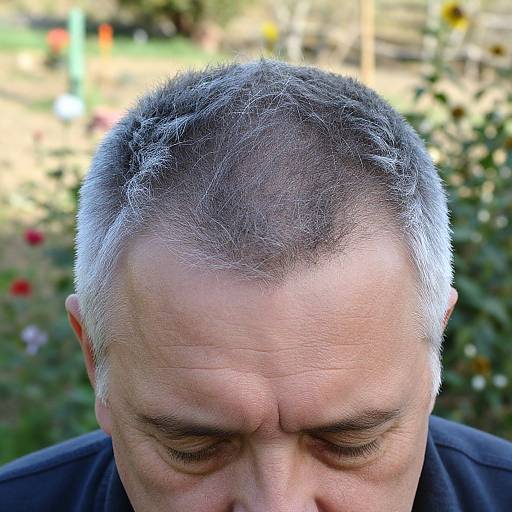 Close-up photograph of a middle-aged man with short gray hair, looking down, showing a receding hairline and wrinkles, with a blurred garden background