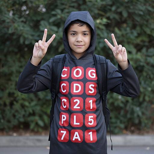 Photograph of a young boy with light brown skin, dark hair, wearing a black hoodie with red and white alphabet grid, making double peace signs,