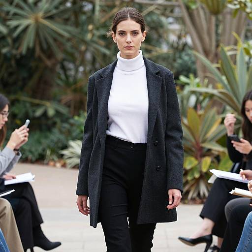Photograph of a serious, dark-haired woman in a white turtleneck and black overcoat, walking a fashion runway outdoors, surrounded by observers and