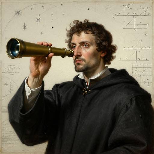 Photorealistic digital artwork of a curly-haired, bearded man in black robe, holding a brass telescope, against a scientific diagram background.