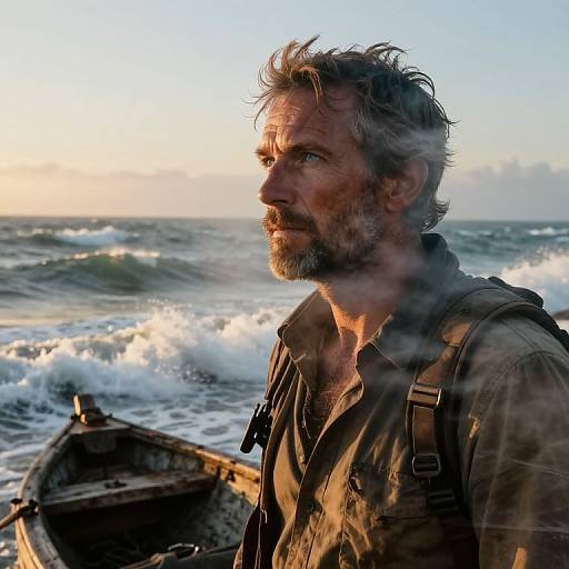 Photograph of a rugged, bearded man with messy gray hair, wearing a dirty brown shirt and backpack, standing in a small wooden boat on a