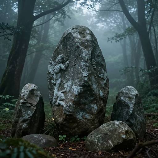 Photograph of a misty forest featuring large, moss-covered stones with carved human figures, surrounded by dense, foggy trees.