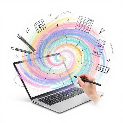 Photograph of a laptop with a hand drawing on the screen, surrounded by colorful spiral rainbow patterns and digital icons.