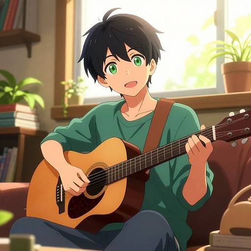 Anime-style digital illustration of a young boy with black hair and green eyes, playing an acoustic guitar in a sunlit room.