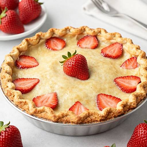 Photograph of a golden-brown strawberry pie with fresh strawberry slices on top, in a silver pie dish, surrounded by whole strawberries.
