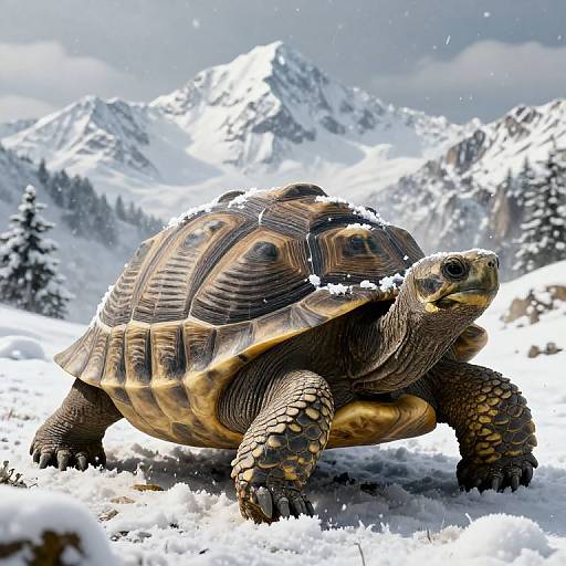 Photorealistic CGI of a large tortoise with detailed, textured shell in snowy mountain landscape, with snow-covered peaks and pine trees in the background.