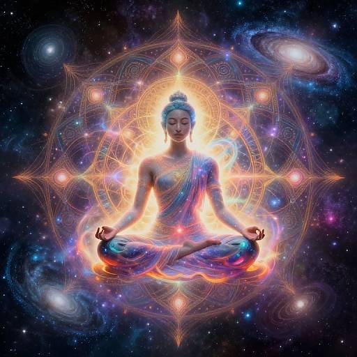 Digital artwork of a serene, glowing woman in a lotus pose, surrounded by a radiant, intricate mandala and cosmic nebulae, with vibrant