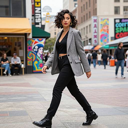 Photograph of a confident, curly-haired woman in a black blazer, crop top, and black pants, walking in a vibrant urban street with colorful