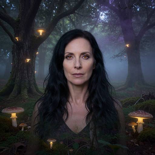 Digital artwork of a pale, long-haired woman with intense eyes, surrounded by glowing mushrooms and fireflies in a mystical, foggy forest.