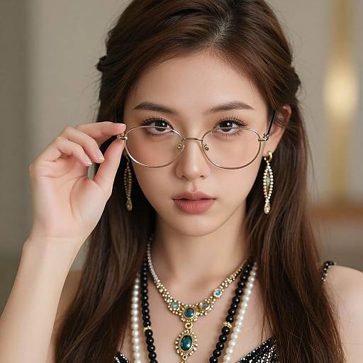 Photograph of an Asian woman with long brown hair, wearing gold-rimmed glasses, black and gold beaded necklace, matching earrings, and black