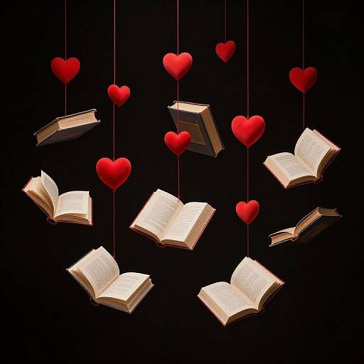 Digital illustration of open books and red hearts hanging from thin strings against a black background, creating a whimsical, floating effect.