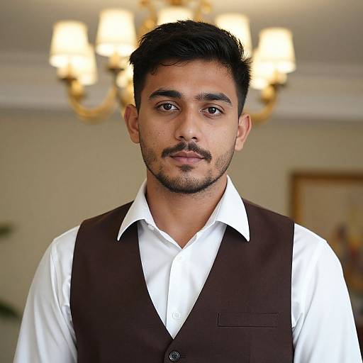 Photograph of a young Indian man with short black hair, beard, and mustache, wearing a white shirt and brown vest, in front of a