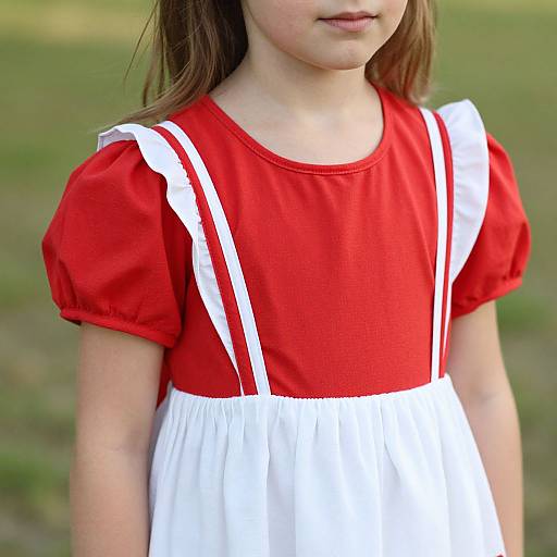 Photograph of a young girl in a red puffed-sleeve top and white dress with white suspenders, standing outdoors on grass.