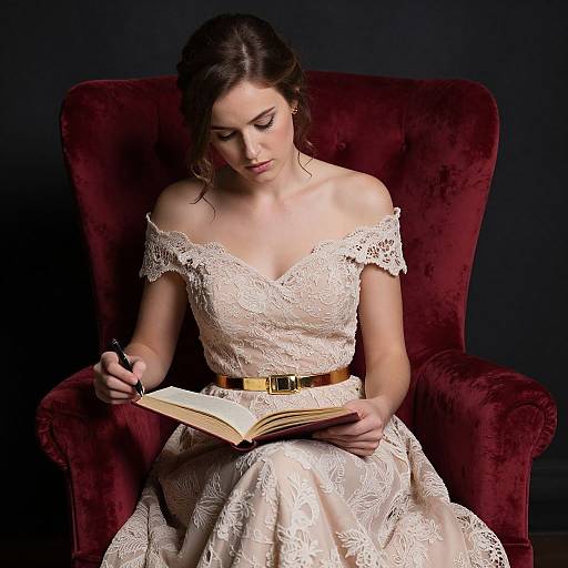 Photograph of a fair-skinned woman with brown hair, wearing an off-shoulder lace wedding dress and gold belt, reading a book on a