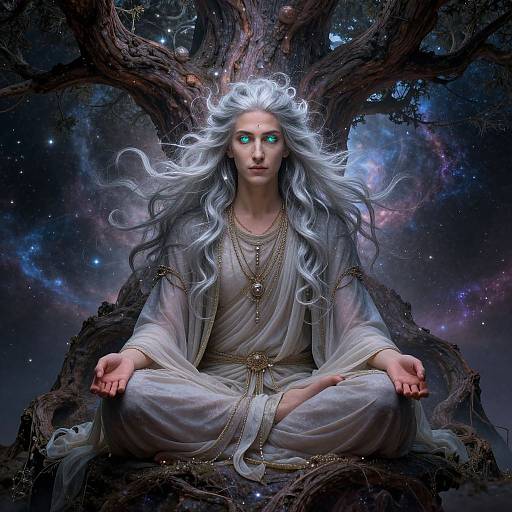 Ethereal Mystic Sage Under Cosmic Nebula