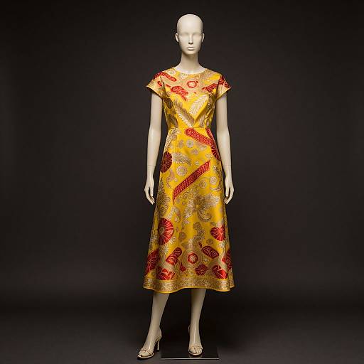 Photograph of a bald, white mannequin wearing a yellow, knee-length dress adorned with red floral and circular patterns, standing against a black background