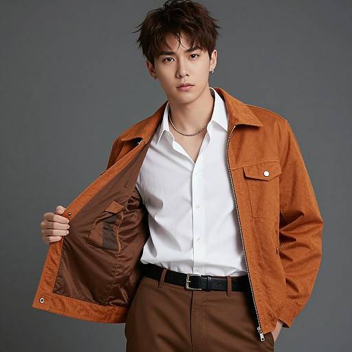 Photograph of a young Asian man with short, messy black hair, wearing an orange jacket over a white shirt, brown pants, and a chain necklace