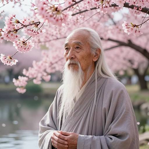 Photograph of an elderly Asian man with long white hair and beard, wearing a grey robe, standing beneath blooming cherry blossoms by a serene pond